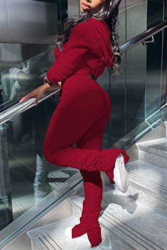 PINSV Women\'s 2 Piece Outfits Long Sleeve Workout Sets Zip Up Hoodie Pleated Flare Pants Tracksuit Sweatsuit Wine Red L