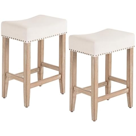 Furniliving Bar Stools Set of 2,25.7 inch Counter Height Bar Stools,Upholstered Kitchen Barstools with Solid Wooden Legs, Saddle Stools for Kitchen Island, Bar, Cafe, Beige Cover