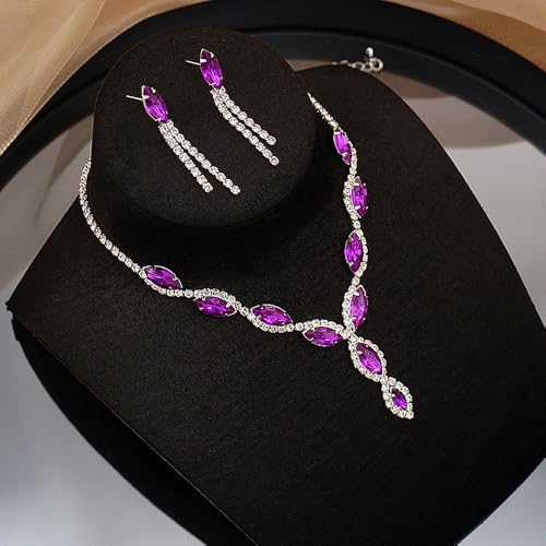 Rrdaily Dainty Colorful Rhinestone Jewelry Set for Women,Shining Statement Pendant Necklace Drop Dangle Earrings,Charm Formal Evening Banquet Jewelry Gifts (Purple) by Rrdaily - Used condition - Image 5
