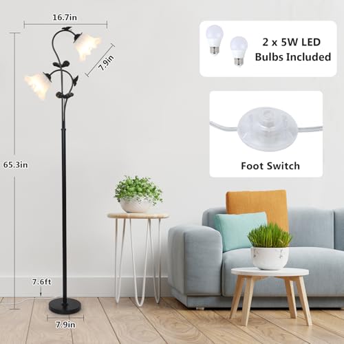 Image of HMVPL Black Floor Lamp for Living Room, Flower Standing Lamp with 2 LED 5W Blubs, Foot Switch, Floral Tall Lamp with Acrylic Shade, Antique Lotus Flower Floor Lamp for Living Room Office Reading
