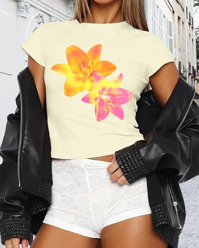 Y2K Graphic Baby Tees for Women Slim Fit Aesthetic Flower Print Crop Tops Girls Summer Hawaii Cropped Tshirts3