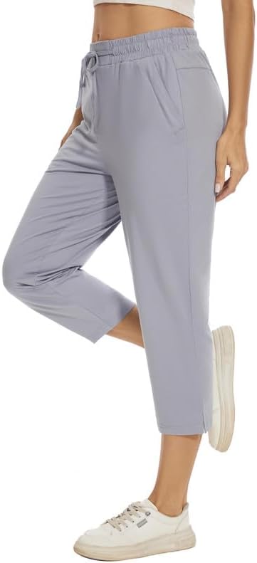 Women Casual Capris 21" with Deep Zipper Pockets Drawstring Comfy Tapered Sweatpants for Golf Athletic Travel Work