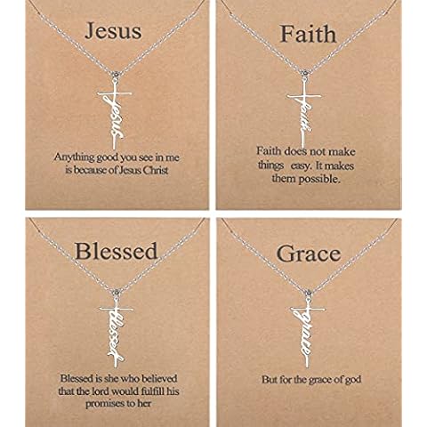 Jewenova 4Pcs Faith Cross Necklace for Women Blessed Hope Grace Pendant Necklaces Religious Jewelry Christian Cross Necklace Set Inspirational Faith Gifts for Women silver Cover