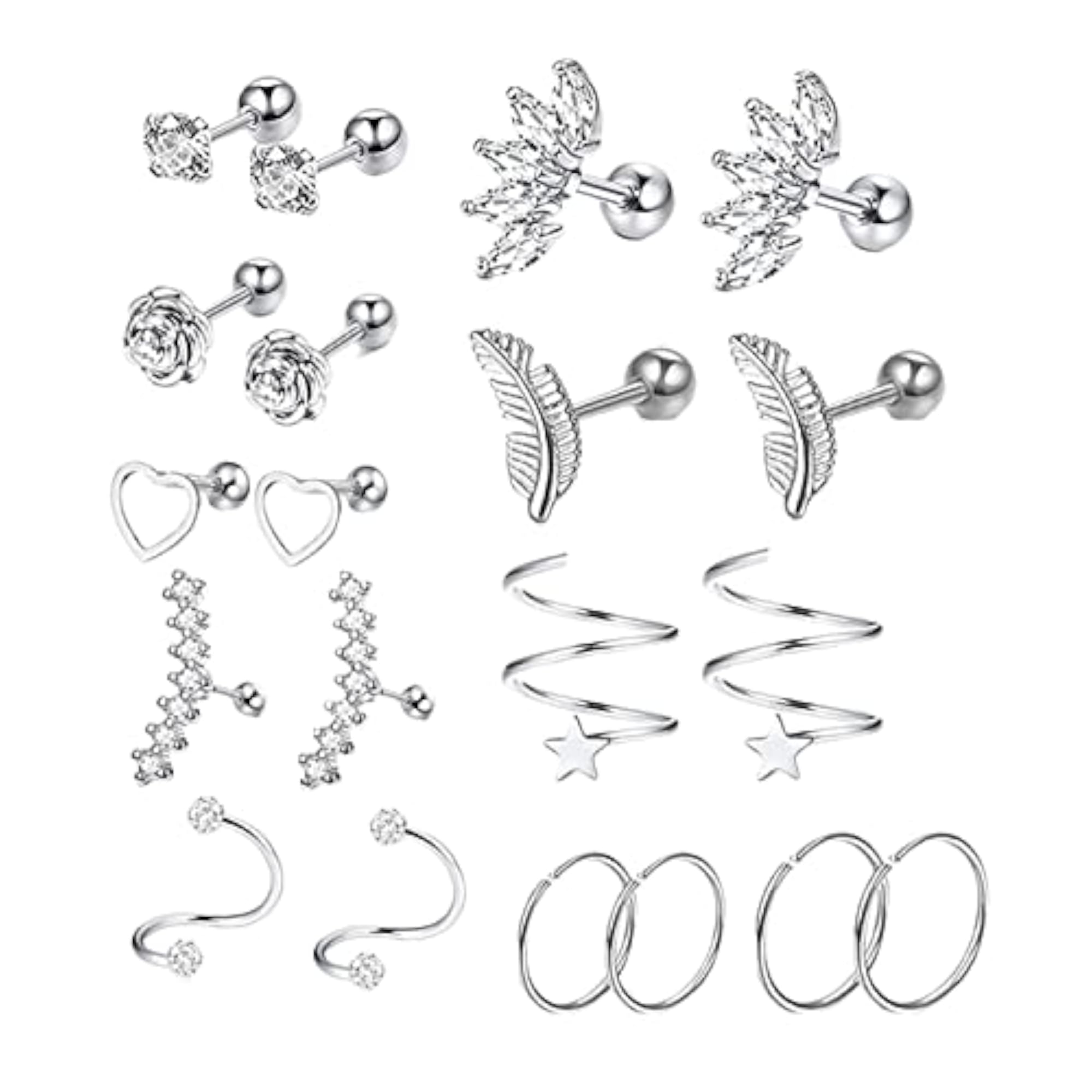 20x Stainless Steel Earrings Set, Heart Flower Feather