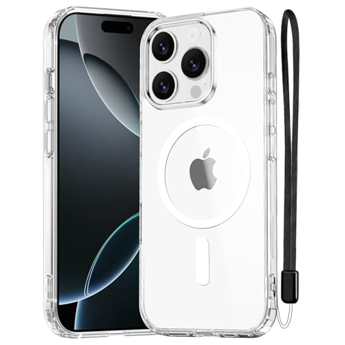 NEW'C Magnétique Coque pour iPhone 16 Pro (6,3 Pouces), Compatible avec MagSafe Antichoc Ultime avec Cordon – Etui Fine - Magnétisme Puissant et Protection Militaire - Transparent