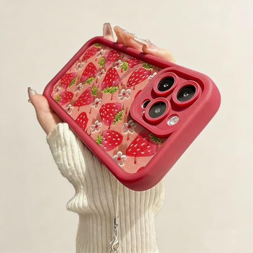 Coque silicone iPhone 16 Pro avec cordon chaîne fleur et pendentif fraise protecteur