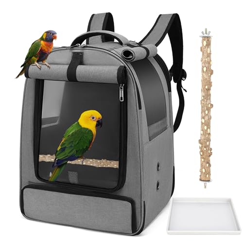 ALLSOPETS Bird Backpack Carrier for Parrots and Small Pets – Breathable Bag with Adjustable Perch and Removable Tray, Perfect Bird Carrier for Outdoor Trips (Charcoal Grey)