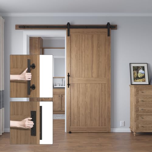 COSHOMER 36in x 84in MDF Sliding Barn Door with 6.6ft Barn Door Hardware Kit & Handle, Pre-Drilled Holes Easy Assembly -Solid Barn Door Slab Covered with Water-Proof PVC Surface, Oak, H-Frame - Thumbnail 3