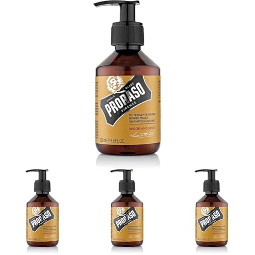 Proraso Detergente Barba Wood and Spice, 200ml, Shampoo barba detergente per uomo con azione purificante per la cura della barba, Made in Italy (Confezione da 4)