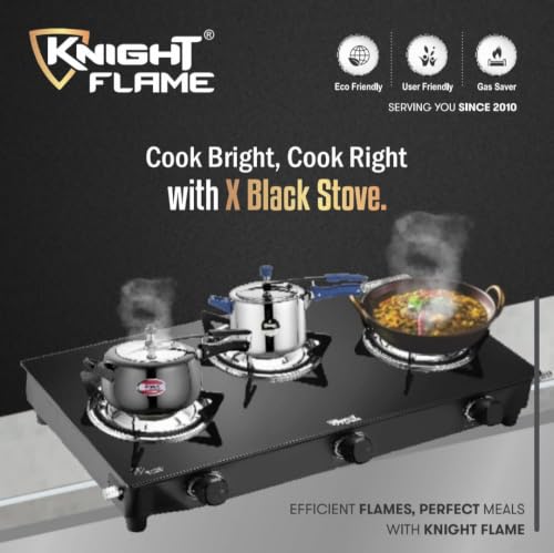 Image of 3 Burner Cute Gas Stove | Manual Ignition | 6mm ISI Approved Toughened Glass | Nylon Knobs | Brass Plated CI Burners | Anti Scratch Pan Supports | Die Cast Tube|Black Cooktop