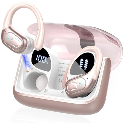 Fones de ouvido esportivos sem fio, 75H Bluetooth 5.3 HiFi Stereo Headphones com microfone HD, cancelamento de ruído ENC, tela dupla de LED, à prova d'água IPX7 para corrida/Rosa