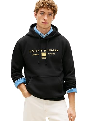 Image of Tommy Hilfiger Men's Medium Weight Cotton Hoodie Sweatshirt With Printed Stacked Chest Graphic