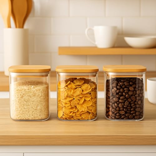 Image of Wooden Lid Square Glass Jar 500ml | Airtight Kitchen Storage Container for Dry Fruits, Snacks, Coffee & Sugar | Transparent Clear Glass Jar with Wooden Lid for Home & Kitchen (4)