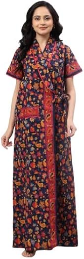 bellamy Women Cotton Printed Maxi Nighty | Front Open Night Gown with Pocket | Regular Fit Sleepwear & Housecoat 1004