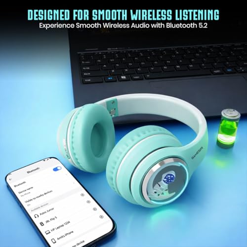 Image of GameSir Astro Junior Wireless Headphones with 40mm Drivers, Deep Bass Stereo Sound, Bluetooth 5.3, Over-Ear Noise Isolation Headset with LED Light, Built-in Mic for PC, Mobile & Laptop (Green)