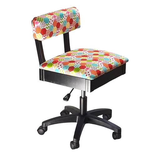 Sewing Online Hydraulic Sewing Chair with Underseat Storage, in Multicolour Patchwork Design Fabric with Black Wooden Base - Lumbar Support, Lift Mechanism, 5 Star, 360°, Swivel, Casters - HT2018