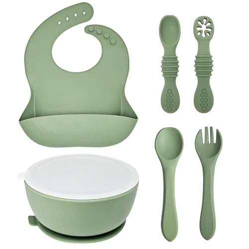 Image of HippoBaby 6 Piece Silicone Suction Baby/Toddler Bowl Set with 2 Bowls, 2 Spoons, 2 Forks, Safe Food Grade Silicone, Soft on Gums, Stylish Colors (4, Mint/Cream), Small, SB06MC