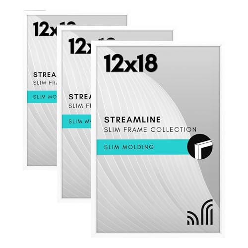 Image of Americanflat 12x18 Poster Frame with Polished Plexiglass - Streamline Collection - Thin Border Picture Frame for Wall Display - Hanging Hardware Included - White (Pack of 3)
