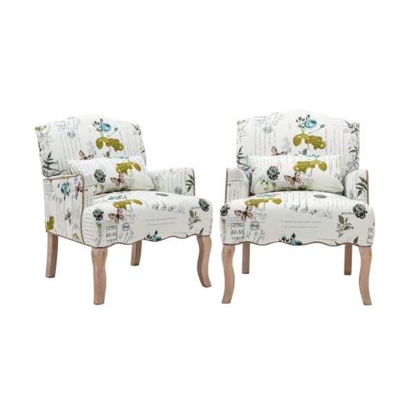 Floral accent chair set of 2 linen fabric modern arm chair with removable pillow upholstered corner reading chair comfy single sofa for living roombedroomfireplace beige butterfly pattern  urban country home decor