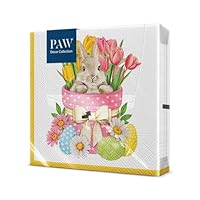 PAW - Servietten 3-lagig (33 x 33 cm) I 20 Stück I Perfekt für Ostern, Partys, Frühling und Feiern I Tischdeko Osterfeier Bunte Papierservietten - Osterhase Ostereier Tulpen I Flower Bunny