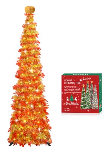HMASYO 5 FT Pop Up Fall Tree with Timer Lights, Thanksgiving Tinsel Tree