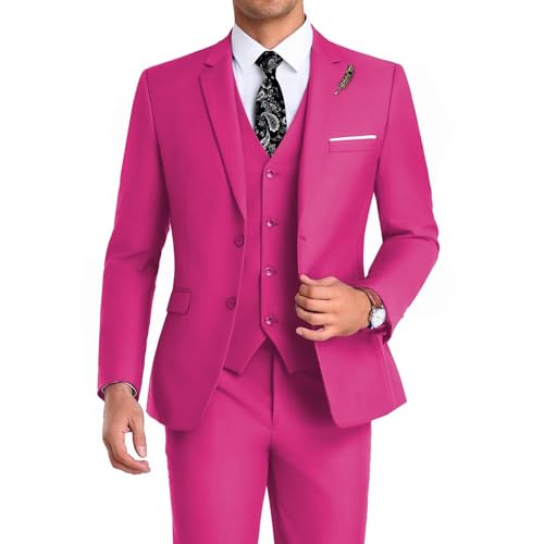 Mrbuerly Fuchsia Men Suits Slim Fit 3 Pieces, Notched Lapel Prom Homecoming Suit for Mens Jacket Vest Pant with Tie-XS/3630