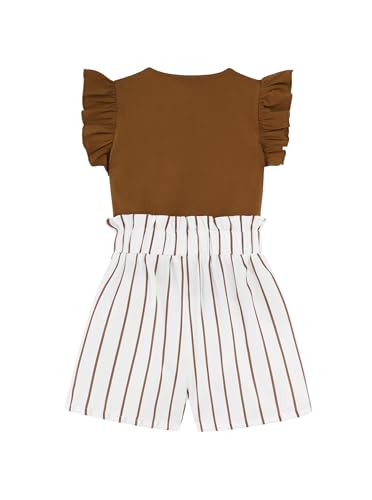 Image of Girls 2 Piece Outfits Summer Ruffle Sleeve Top and High Waisted Striped Shorts Set for Girls 7-14