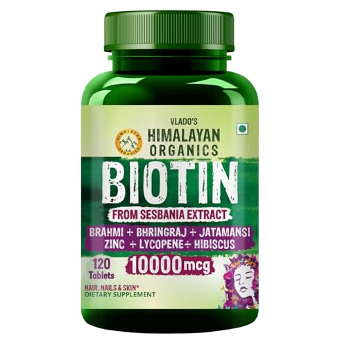 Image of Vlado's Himalayan Organics Biotin Tablets for Hair Growth -10000mcg Biotin Supplement - With Brahmi, Jatamansi, Bhringraj, Hibiscus, Lycopene, Bamoo Extract & Vitamin C with Zinc I Hair Supplements for Women & Men - 120 Tablets