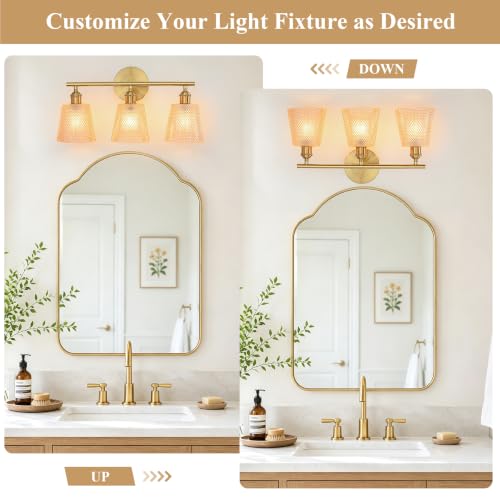 Image of Bathroom Light Fixtures, 3-Light Gold Bathroom Vanity Lights Over Mirror