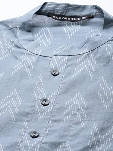 Image of See Designs Grey & White Cotton Regular Fit Mandarin Collar Printed Kurta Set