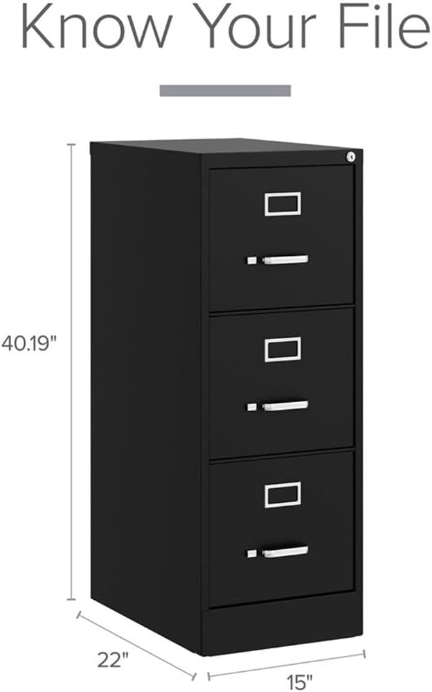 Scranton & Co 22" D 3-Drawer Letter Width Vertical Metal Filing Cabinet in Black, Lockable, Sturdy Construction, Office or Home File Storage, Durable and Secure, Letter Size Organization