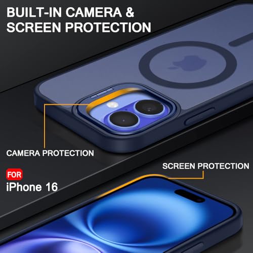 Image of TheGiftKart Hybrid Matte Frosted Back Cover Case for iPhone 16 Compatible with MagSafe | Built-in Stand | Shockproof Hard Back Cover Case for iPhone 16 (PC & TPU, Translucent Blue)