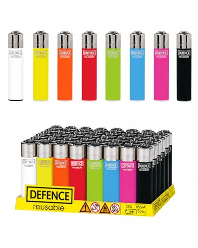DEFENCE Refillable Lighters Multipack (10 20 or 40 Pack) Reusable Flint Wheel Pocket Lighters Assorted Colours Gas Refillable Everyday Lighter for BBQ Candles Kitchen & Camping (10)