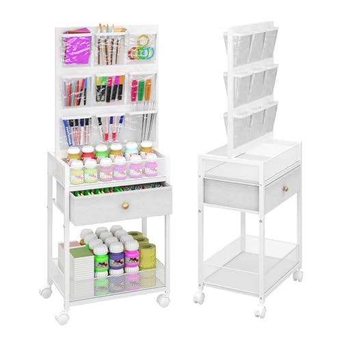 5-Tier Craft Rolling Cart, Craft Organizers and Storage with 18-Pocket, Utility Cart with Drawer & Lockable Wheels, Art & Craft Supply Organizer for Kids’ & Adults’Studio, Bedroom (White)