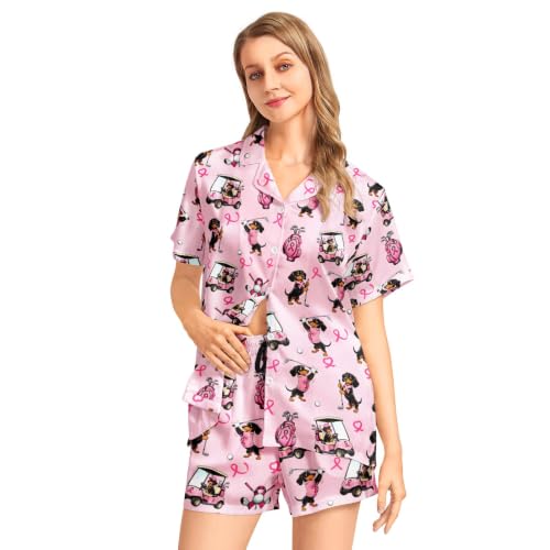 Image of Funny Satin Pajamas Set for Women Button Down Sleepwear Print Pjs Set 2 Piece Short Sleeve Loungewear Gift for Women