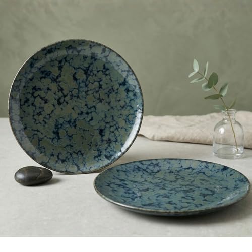 Image of Freakway Artisan Reactive Glaze Dinner Plates, Set of 2 - 10.7 inch Round Ceramic Tableware, Emerald Moss Blue, Microwave & Dishwasher Safe