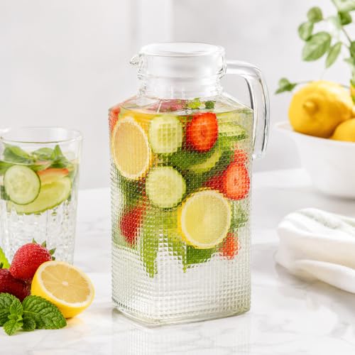 Image of Wringo Premium Glass Water Jug - 2LTR, Transparent, Hot Cold Water Glass Pitcher with Wooden Lid Water Jug, Iced Tea, Milk and Juice Beverage Carafe, Lemon Jug 2000ML (WQ-19)