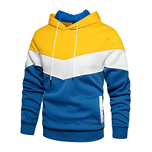 MANLUODANNI Mens Hoodies Pullover Hooded Sweatshirt Patchwork Top Casual Hoody with Pocket Yellow M