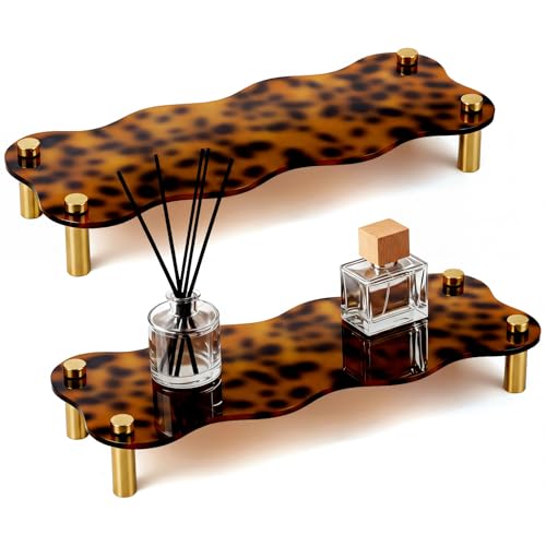 Singhoow 2 Pcs Tortoise Shell House Decoration Tortoise Shell Bathroom Tray Rack with Gold Metal Legs Bathroom or Bedroom Storage Excellent for Displaying Jewelry or Perfume 11 x 4.3 x 1.4(Scalloped)