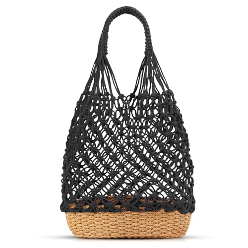 Bolsa tote tejida a mano de algodón para mujer negra miniatura 1