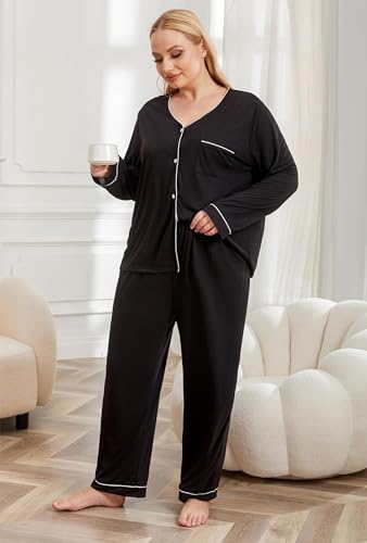 Pyjama lounge grande taille ensemble de nuit noir fluide col V manches longues