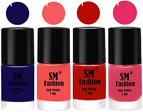 Image of Nail Polish Combo Set (Pack of 4) Quick Dry Gel Finish Nail Paint | Dark Blue,Light Pink,Red Orange,Dark Rose Pink | 7 ml Each