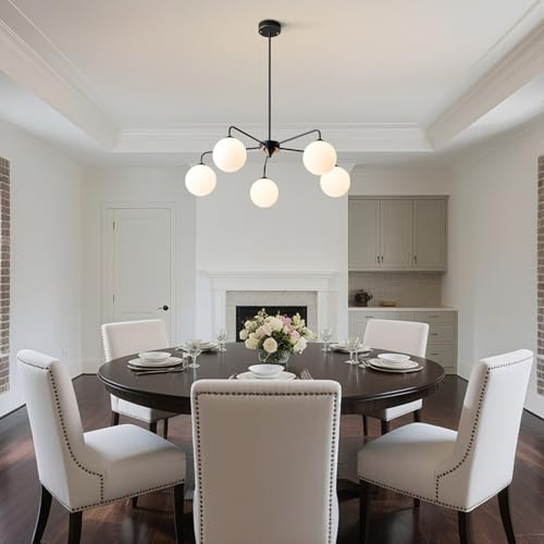 Image of 5 Light Mid Century Sputnik Chandelier with White Frosted Globe Glass Shade Pendant Lighting Fixture Living Room Large Pendant Lamp for Bedroom Kitchen Island
