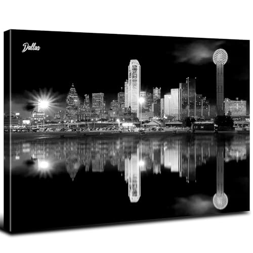 Image of Night Cityscape Wall Art for Bedroom Black and White Wall Decor State of Dallas Texas Skyline Pictures Canvas Prints Modern City Downtown Poster Artwork for Living Room Decoration 16x24 inch Ready to Hang