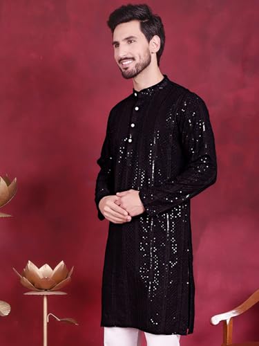 Image of Jompers Men's Regular Fit Rayon Sequins Chikankari Embroidered Kurtas