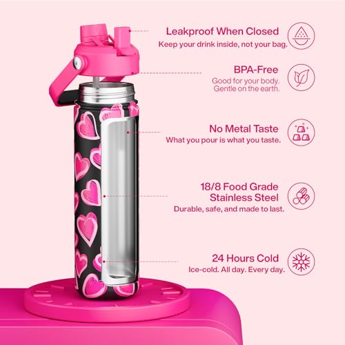 Image of ENCOOL Insulated Water Bottle with Straw Stainless Steel Water Bottle, Leak-Proof, BPA-Free, Keeps Cold for 24 Hours for Sports, Travel, School (26 oz, Sketch Hearts Pink x Black)