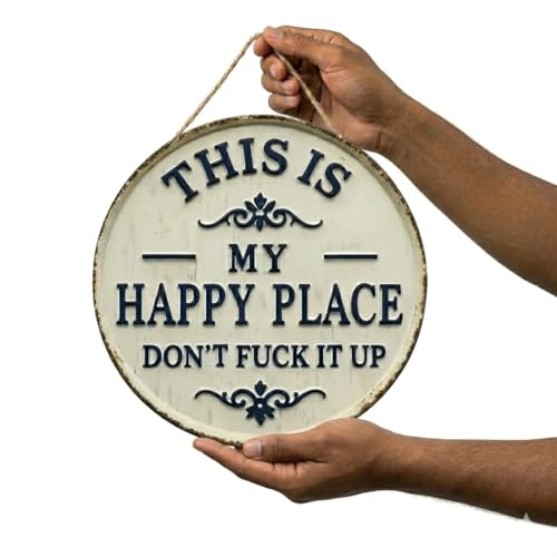 Seeyoo 12x12in Round This Is My Happy Place Dont F*ck It Up Metal Sign - Vintage Hanging Wall Decor Welcome to My Happy Place - Funny Humorous Welcome Sign with Jute Rope for Indoor Outdoor Home Office Bar Decoration