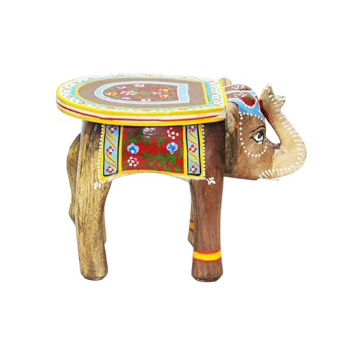 Image of Hand-Crafted and Colorful Emboss Painted Wooden Elephant Shape Stool Cum Gardan Table,Decorative Showpiece (8 Inches Height, Natural)