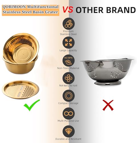 Qobimoon QIBO-1284C-FBM 3Pc/Set Colander Set Stainless Steel Vegetable Slicer Fruit Potato Peeler Carrot Grater Strainer Utensil Round Rice Washer Bowl Drain Basket-Gold thumb #2