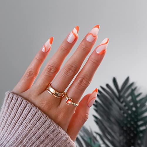 French Press on Nails Medium Orange Wavy Line Almond Press on Nails Glossy Fake Nails with Nail Glue, Acrylic False Nails Stick on Nails Artificial Fake Nails with Design DIY Manicure for Women 24PCS